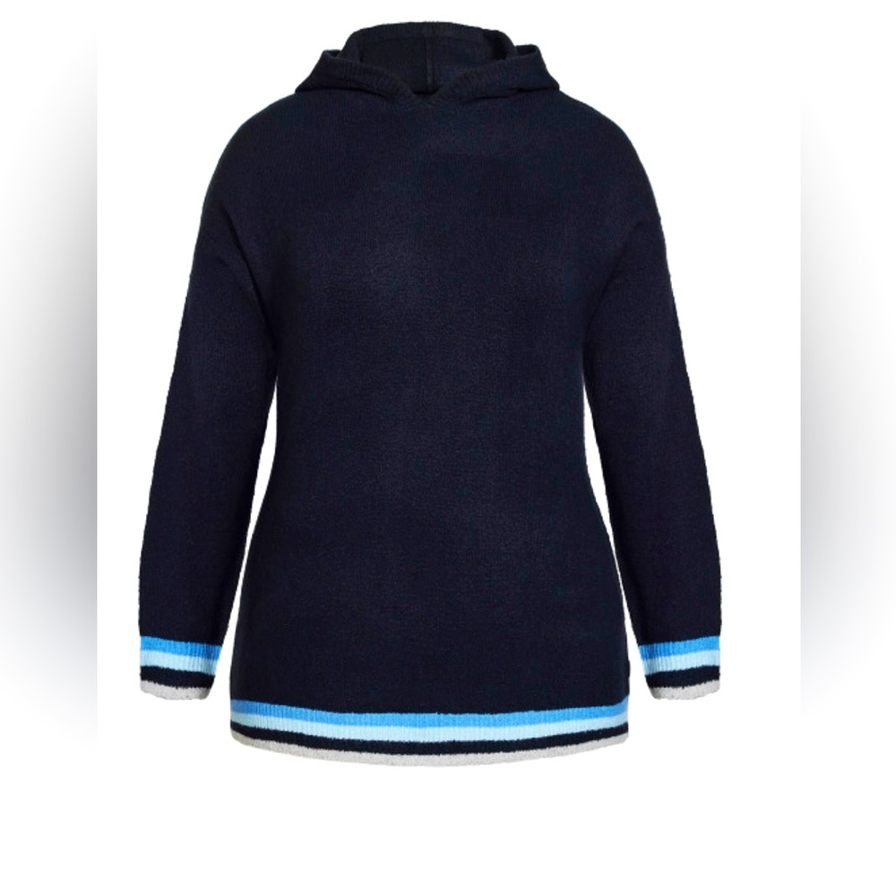 Avenue - Stripe Hem Knit Hoodie - Navy. Size: 26/28 NEW with tags